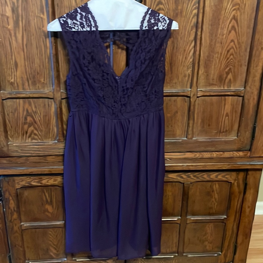 Eggplant maid of honey short dress with belt tie.